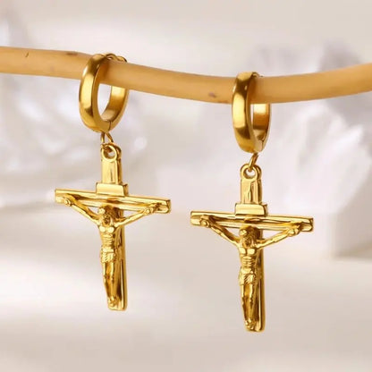 18K Gold Plated Portrait Coin Earrings | Stainless Steel Jesus Cross Dangle Huggie Earrings
