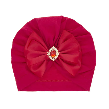 Solid Color Baby Turban Bow Beanie with Rhinestone | Handmade Infant Cap for Girls 0-2 Years