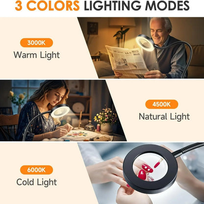 10X Magnifying Desk Lamp | LED Gooseneck Clamp Light with 3 Color Modes