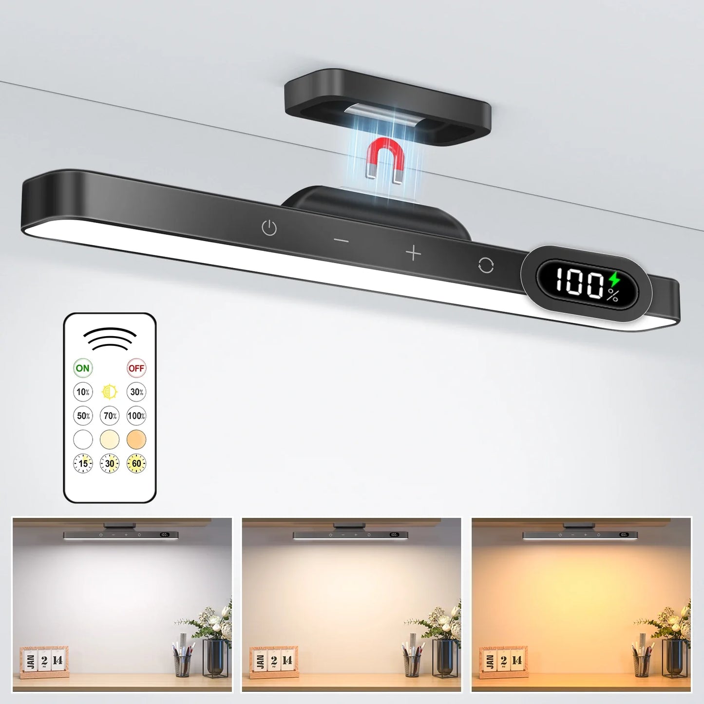 Rechargeable Dimmable Night Light with 3-Color LED Cabinet Lighting