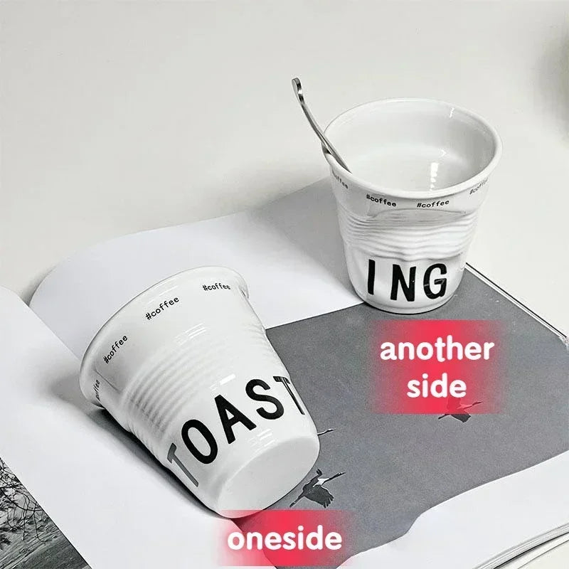 Tasse à café et tasses de style coréen de 200 ml, tasse en céramique blanche nordique froissée de 200 ml, gobelet à café, lettre anglaise