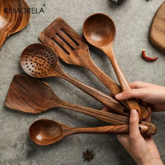 5 Cuillères de cuisine en teck de Thaïlande en bois naturel ustensiles de cuisine, louche, spatule, écumoire à riz, écumoire à soupe, ustensiles