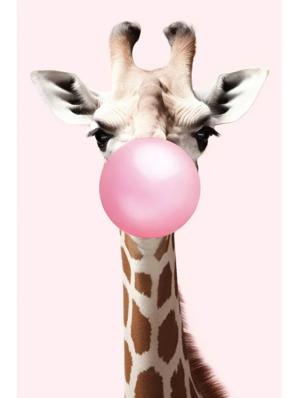 Lindo Panda Rosa Jirafa Conejo Guepardo Cebra Soplando Chicle Póster Lienzo Pintado para Habitación Infantil Decoración con Estampados de Animales