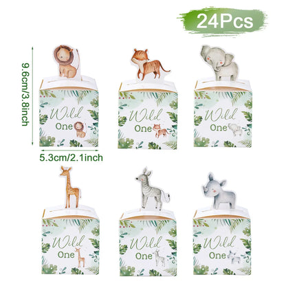 24PCS Jungle Safari Animals Candy Boxes Birthday Party Decoration Kids Gift Packaging Box Wild One Baby Shower Gifts Box Bag