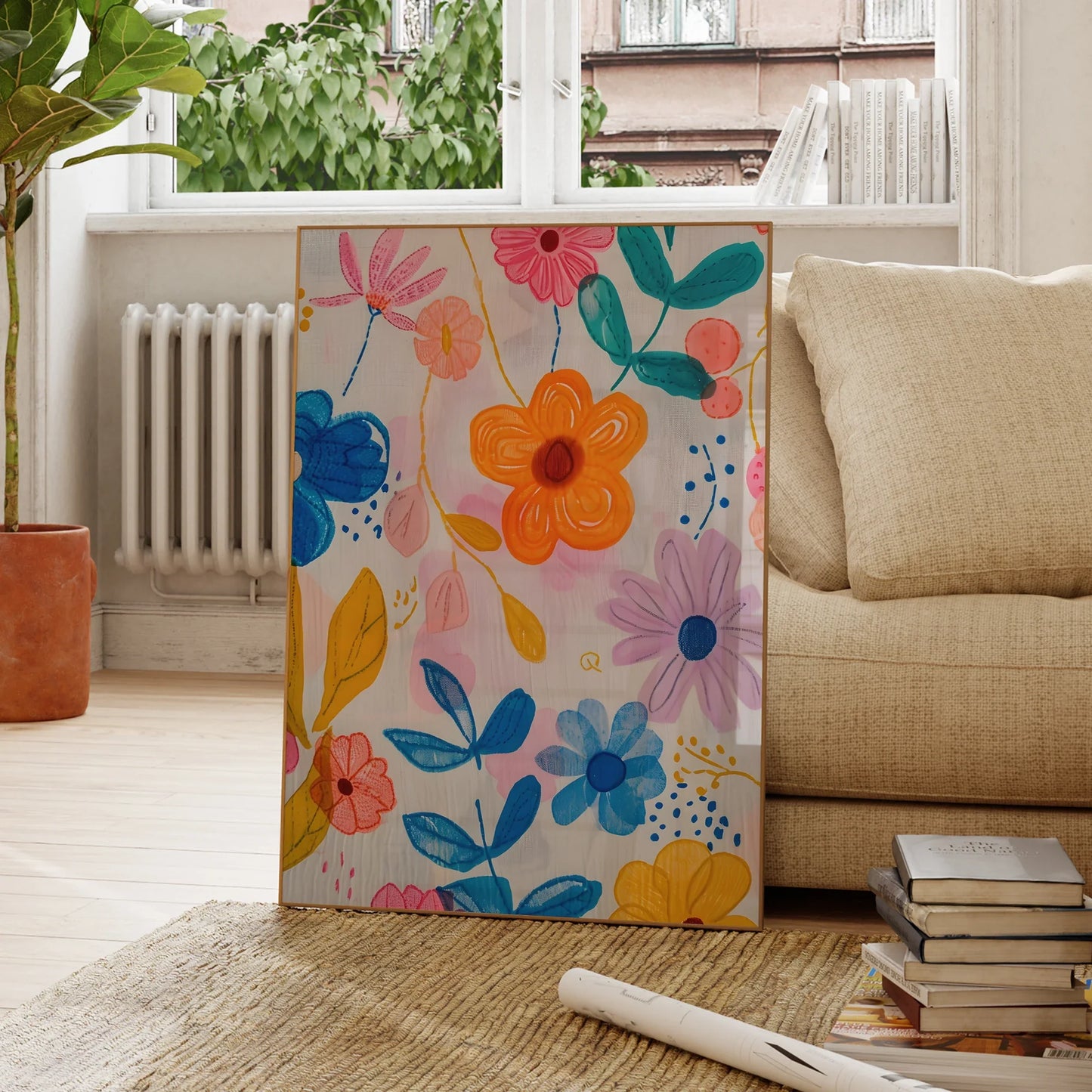 Tableaux d'art mural modernes de fleurs roses, bleues et jaunes entrelacées, impressions sur toile, affiches, images pour la décoration intérieure du salon