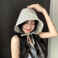 Women's Large Brim Foldable Bucket Hat with Chin Strap | Korean Style Striped Panama Sun Hat