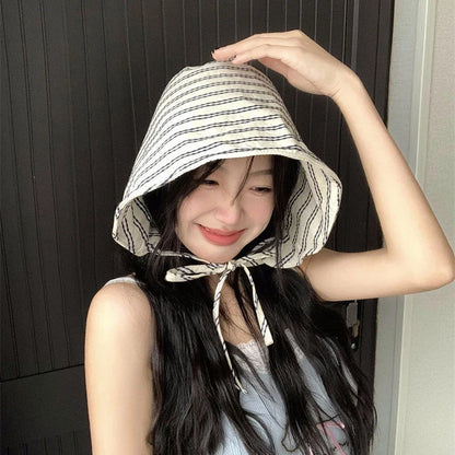 Women's Large Brim Foldable Bucket Hat with Chin Strap | Korean Style Striped Panama Sun Hat