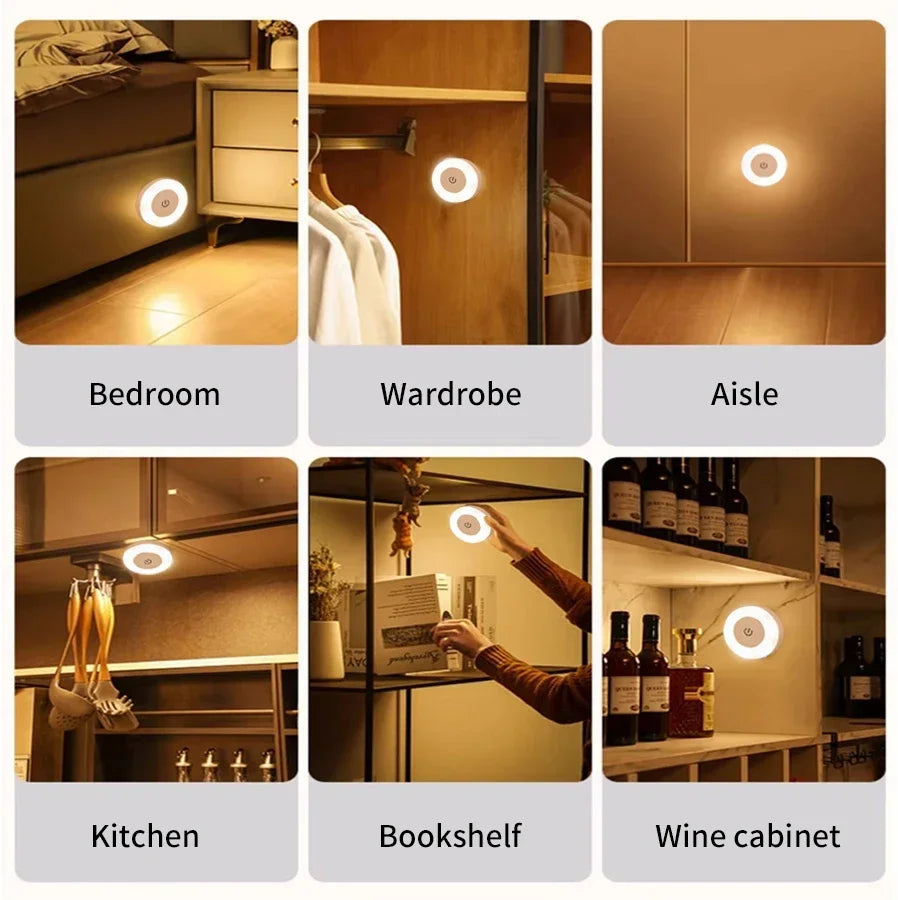 Round Led Wall Lamp | Rechargeable Night Light with Touch Switch, Dimmable, Magnetic Book Light for Bedroom, Cabinet, Closet