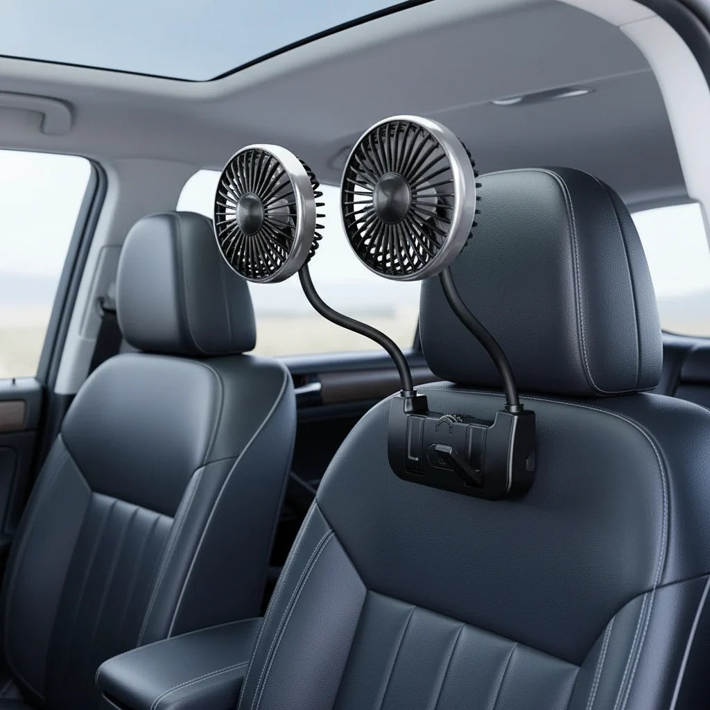 Comfort Breeze | Dual-Head Rear Seat Fan with 360° Rotation & USB-C Charging | Adjustable Airflow for Passenger Comfort