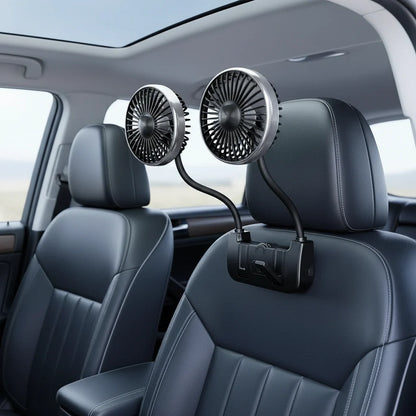 Comfort Breeze | Dual-Head Rear Seat Fan with 360° Rotation & USB-C Charging | Adjustable Airflow for Passenger Comfort