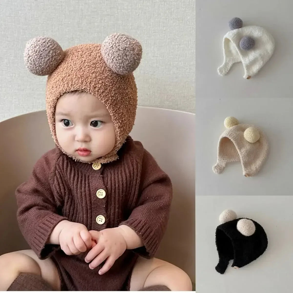 Lindos sombreros de invierno cálidos para niños y niñas, gorros de lana con dobladillo de vellón y pompón, gorros de lana sólida con protección para las orejas, gorros suaves para recién nacidos.