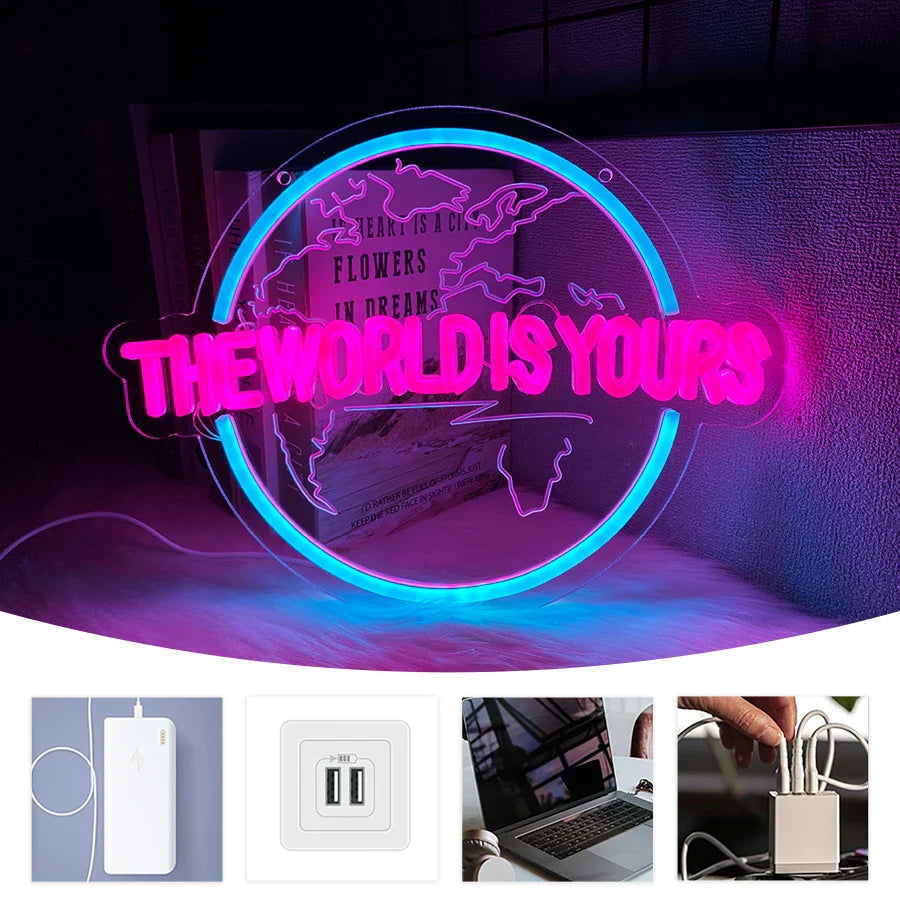 Letrero de neón LED "El mundo es tuyo", letrero con forma de tierra, escultura 3D, utilizado para la decoración de dormitorios, clubes y salas de juegos, alimentado por USB.