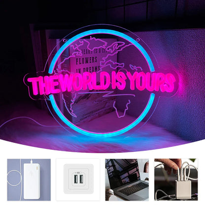 Letrero de neón LED "El mundo es tuyo", letrero con forma de tierra, escultura 3D, utilizado para la decoración de dormitorios, clubes y salas de juegos, alimentado por USB.