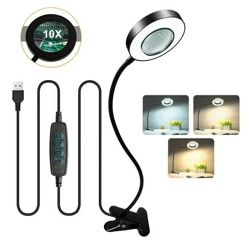 10X Magnifying Desk Lamp | LED Gooseneck Clamp Light with 3 Color Modes