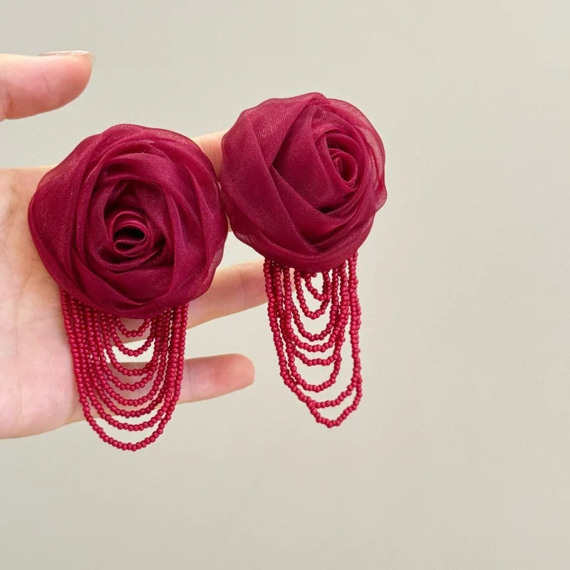 Fairy Mesh Rose Drop Earrings | Handmade Boho Tassel Jewelry