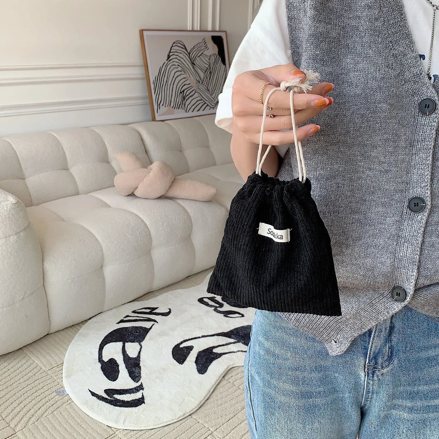 Small Corduroy Drawstring Pouch | Multi-Purpose Storage Bag for Women and Girls