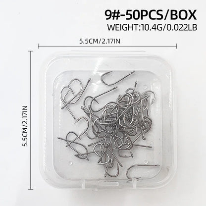 ShareShark 50-Piece High Carbon Steel Fishing Hooks with Barbed Curved Mouth | Long Shank Saltwater Hooks