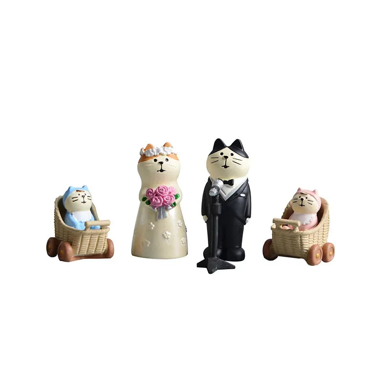 Figura de Zakka de boda de gato lindo, novia, cochecito de bebé, modelo de resina, miniaturas, adornos para pastel, manualidades, accesorios de escritorio