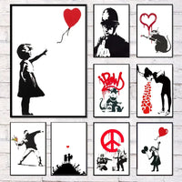 Niña y Globo Rojo Arte de Banksy Pintura en Lienzo con Caracteres Nórdicos Mural Póster para Sala de Estar Dormitorio Bar Decoración del Hogar