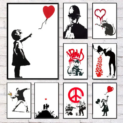 Niña y Globo Rojo Arte de Banksy Pintura en Lienzo con Caracteres Nórdicos Mural Póster para Sala de Estar Dormitorio Bar Decoración del Hogar