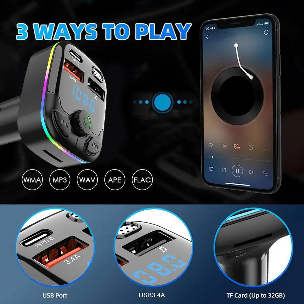 Bluetooth 5.0 FM Transmitter Car Charger with PD QC3.0 Fast Charging and Type C Adapter