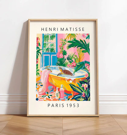 Black cat on toilet, Bathroom wall art, Matisse poster, Funny bathroom decor, Pink tropical decor