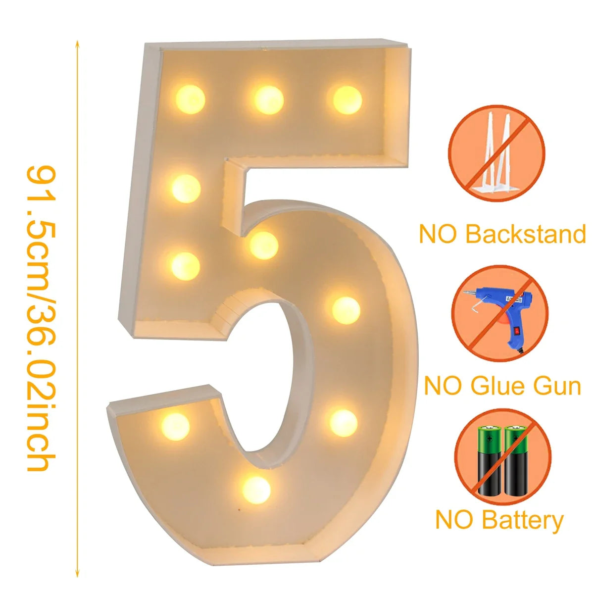 91.5cm Grande Lettre Lumineuse LED Chiffre d'Anniversaire 1er Anniversaire Mariage Baby Shower Décoration 30 40 50 Chiffre d'Anniversaire Cadre