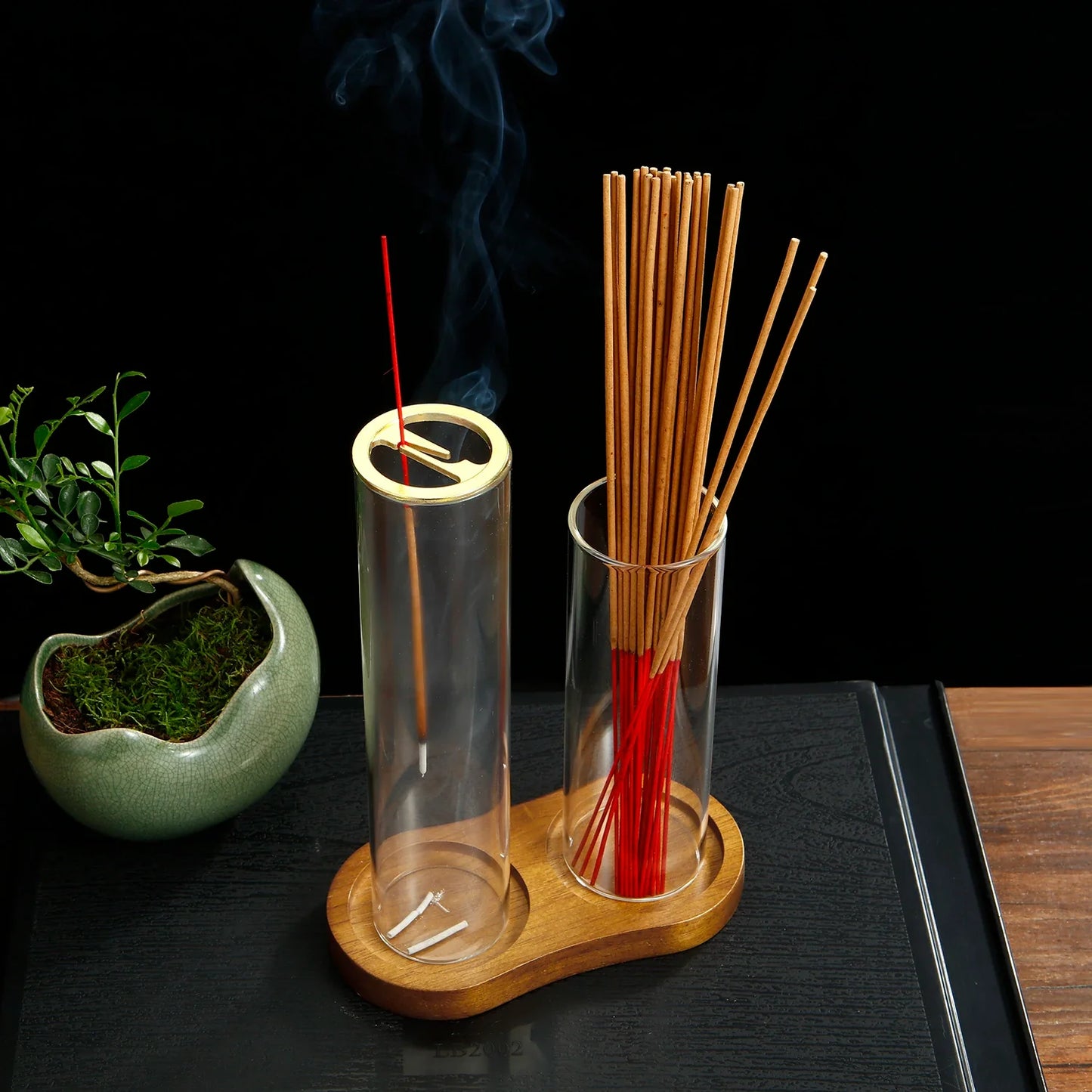 Brûleur d'encens en verre 2 en 1 pour bâtonnets, anti-cendres volantes, avec cendrier amovible et organiseur de bâtonnets d'encens