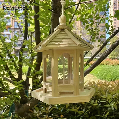 KEMORELA Comedero de pájaros de madera, 1 unidad, decorativo para exteriores, tejido, para colgar, casa de pájaros, jaula, sistema de alimentación de agua
