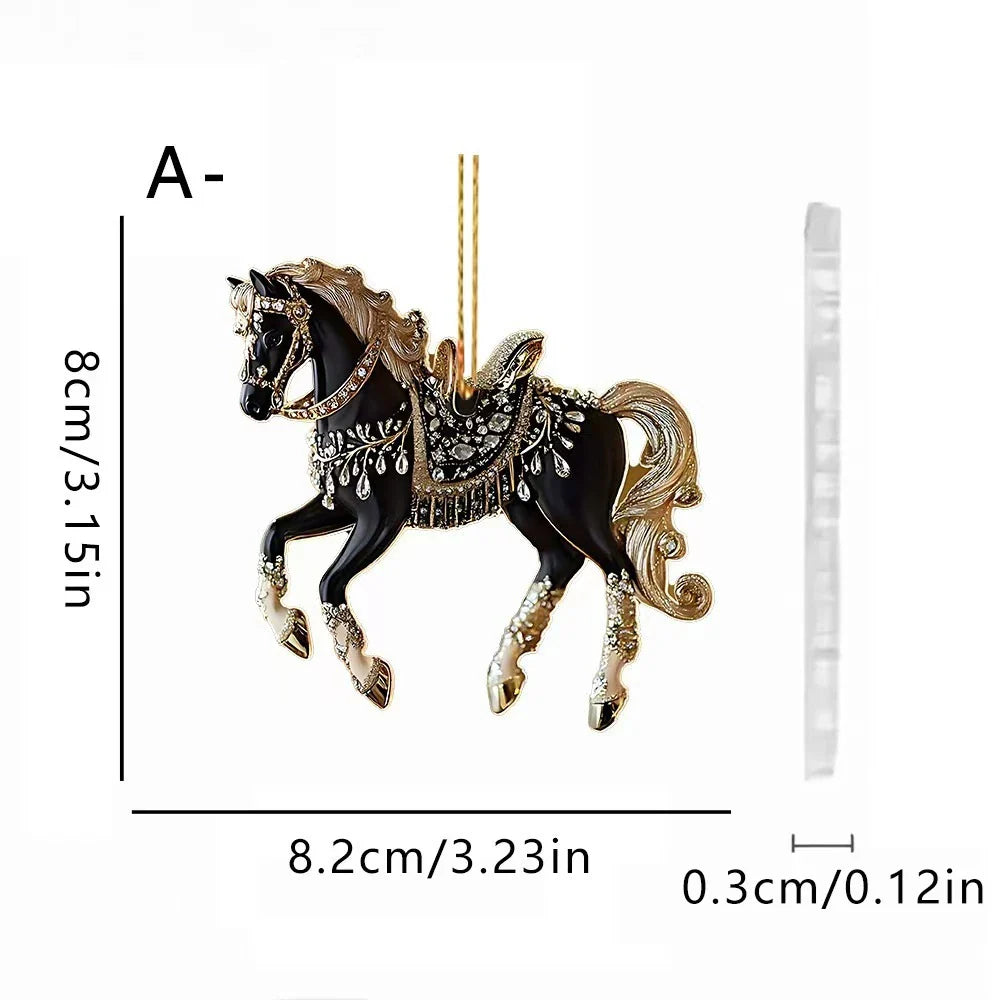 Pendentif de rétroviseur de voiture cheval acrylique 2D, ornement de sapin de Noël, décoration de fête de Nouvel An à suspendre