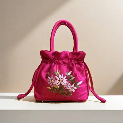 ZTBBAO Embroidered Flower Bucket Bag | Small Top Handle Handbag for Women