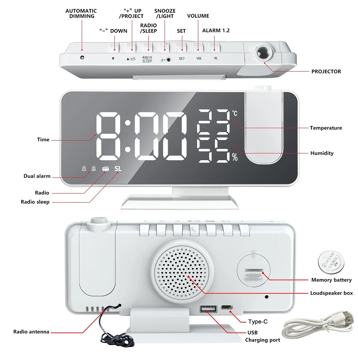 HD Projection Alarm Clock Large LED Display Digital Smart Radio Auto Dimming