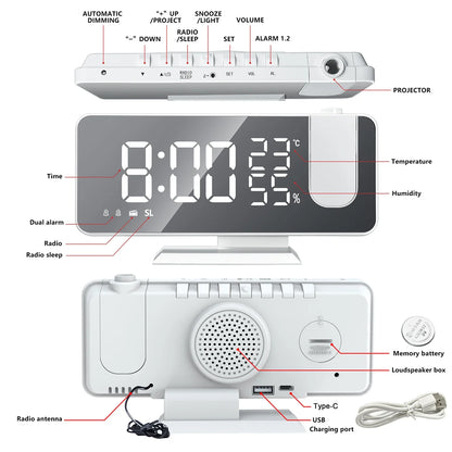 HD Projection Alarm Clock Large LED Display Digital Smart Radio Auto Dimming
