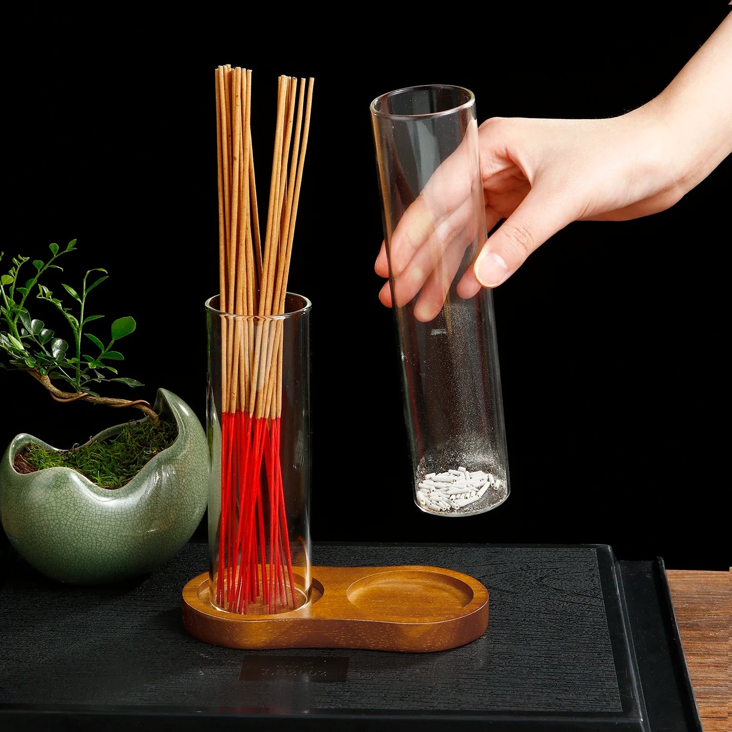 Brûleur d'encens en verre 2 en 1 pour bâtonnets, anti-cendres volantes, avec cendrier amovible et organiseur de bâtonnets d'encens