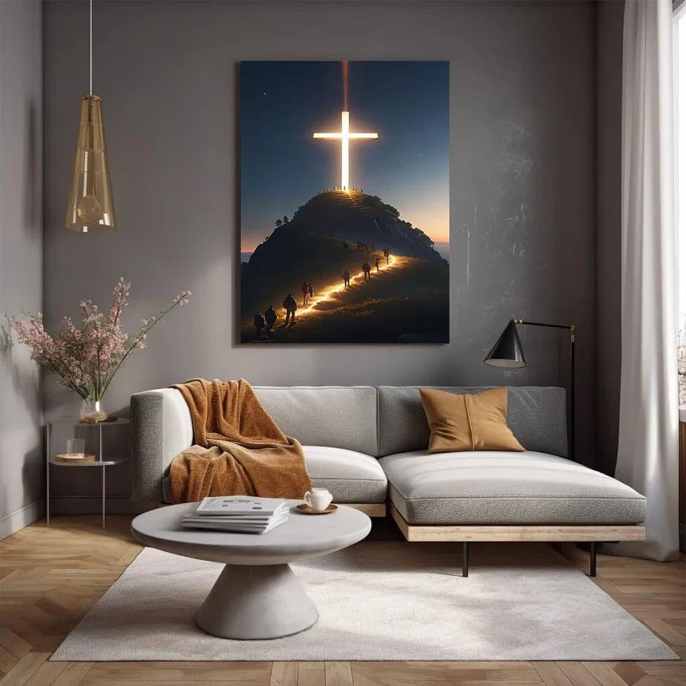 Peinture sur toile murale Croix chrétienne moderne au sommet de la montagne Jésus Croyants Affiches pour la décoration de chambre de maison ou d'église