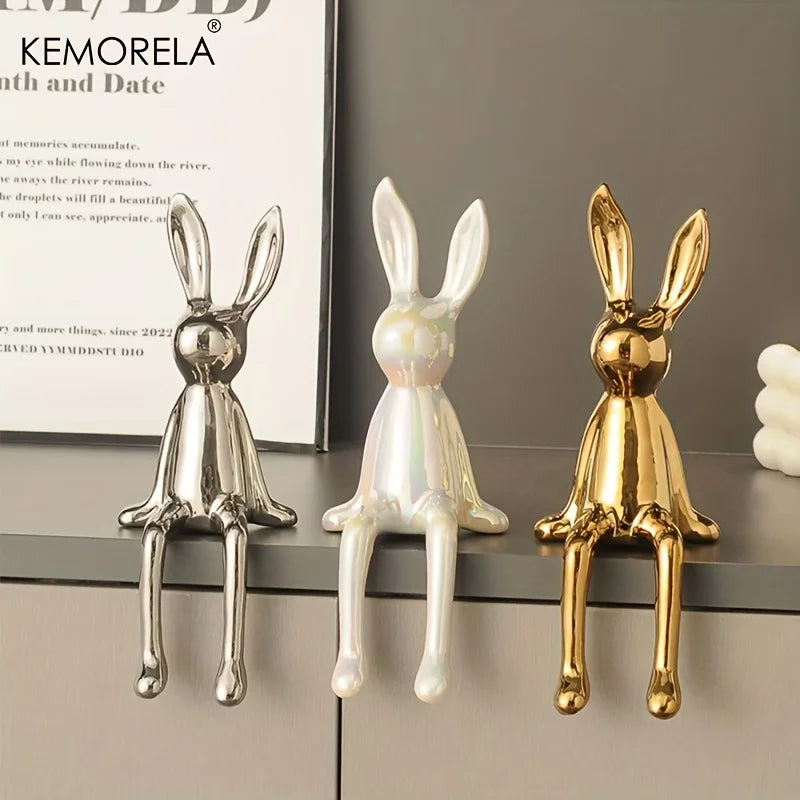 1 LAPIN Assis aux Longues Oreilles en Céramique Ornements de Chambre Statue Luxe Décoration d'Intérieur Accessoires Esthétique d'Art Maison Haut de Gamme