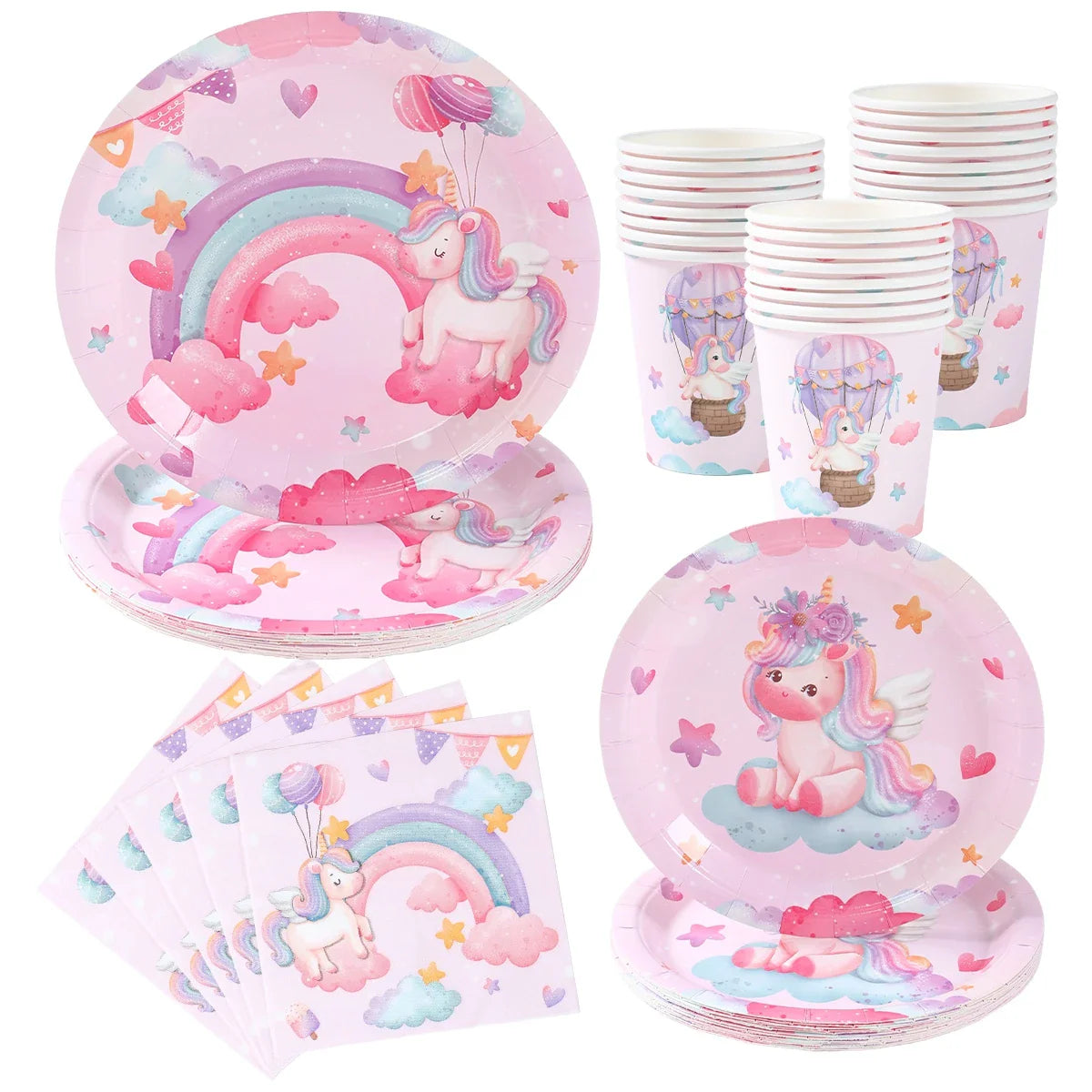 Set de vaisselle jetable licorne Assiettes Gobelets Serviettes Décoration de fête d'anniversaire Enfants Garçon Fille Fournitures de fête d'anniversaire de mariage