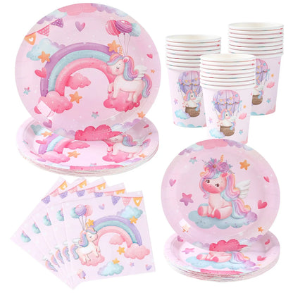 Set de vaisselle jetable licorne Assiettes Gobelets Serviettes Décoration de fête d'anniversaire Enfants Garçon Fille Fournitures de fête d'anniversaire de mariage