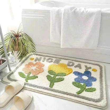 VIKAMA | Tapis en imitation cachemire à motif floral frais - Antidérapant, Tapis de bain absorbant/Paillasson de salon/Tapis de sol polyvalent