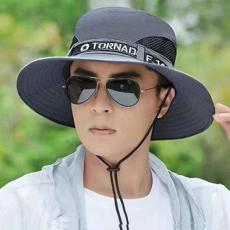 Windproof Men Outdoor Hat | Wide Brim Flat Top Fisherman Hat with Letter Print and Anti-UV Strap