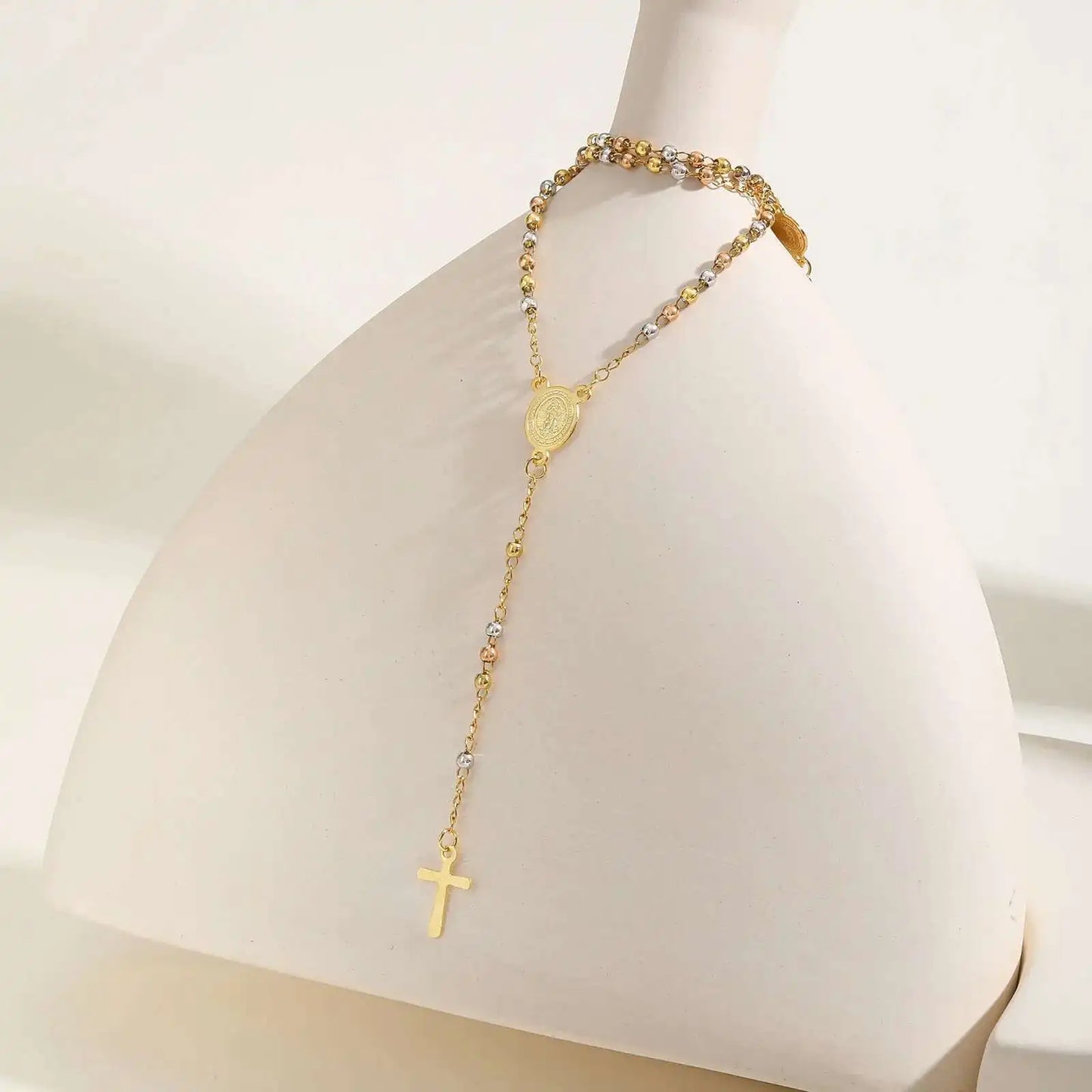 Prjewel Stainless Steel Three-Color Beaded Cross Pendant Y-Necklace | Faith-Inspired Fashion Jewelry