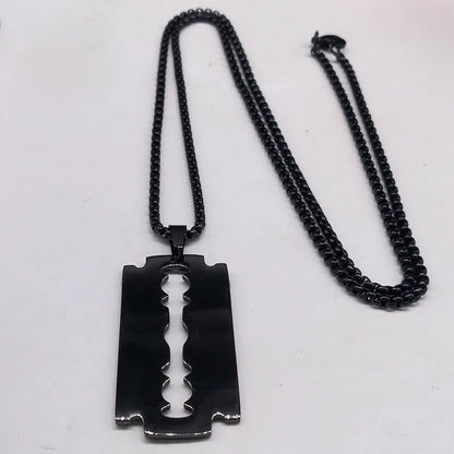 Gothic Blade Razor Pendant Necklace | Stainless Steel Black Goth Men's Chain