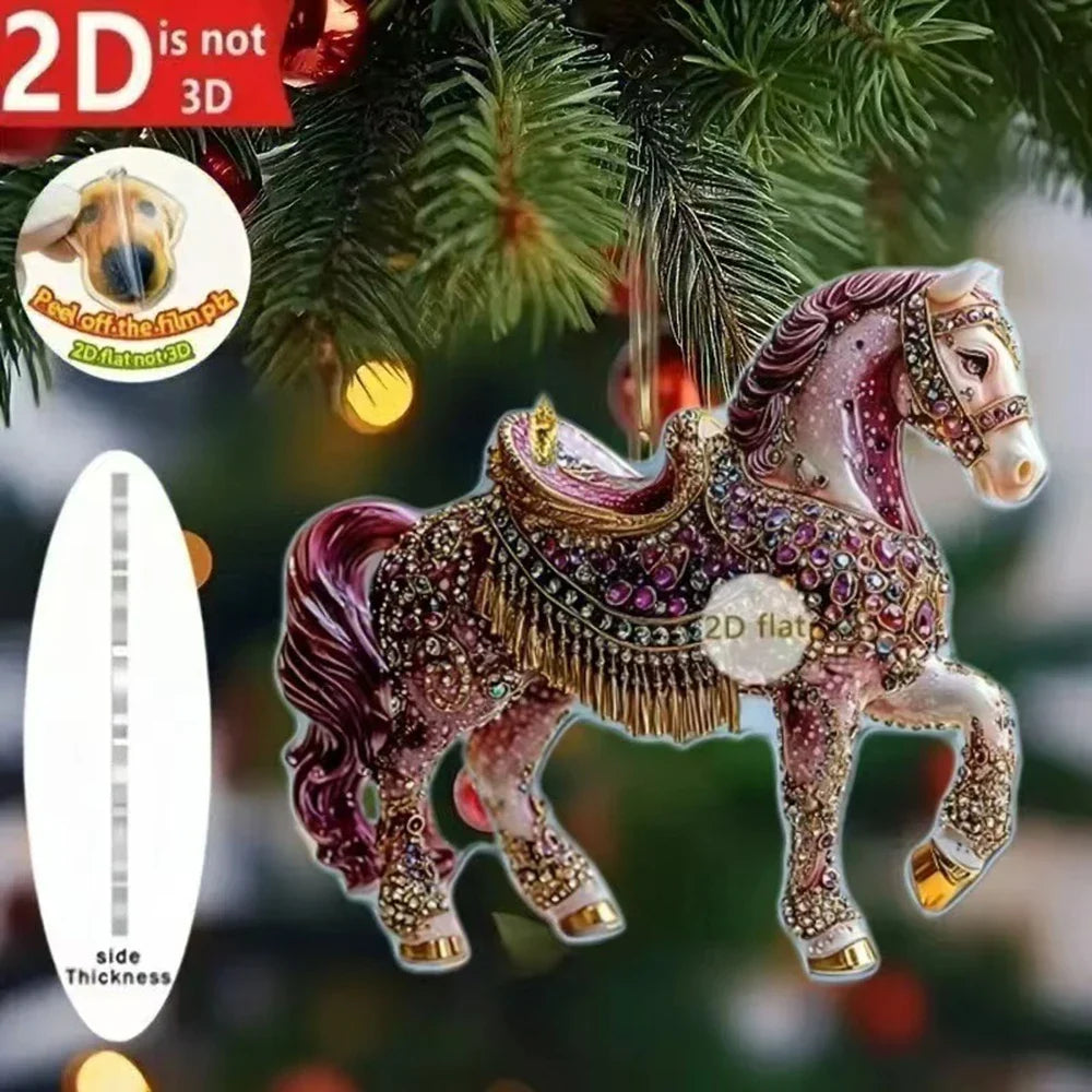 Pendentif de rétroviseur de voiture cheval acrylique 2D, ornement de sapin de Noël, décoration de fête de Nouvel An à suspendre