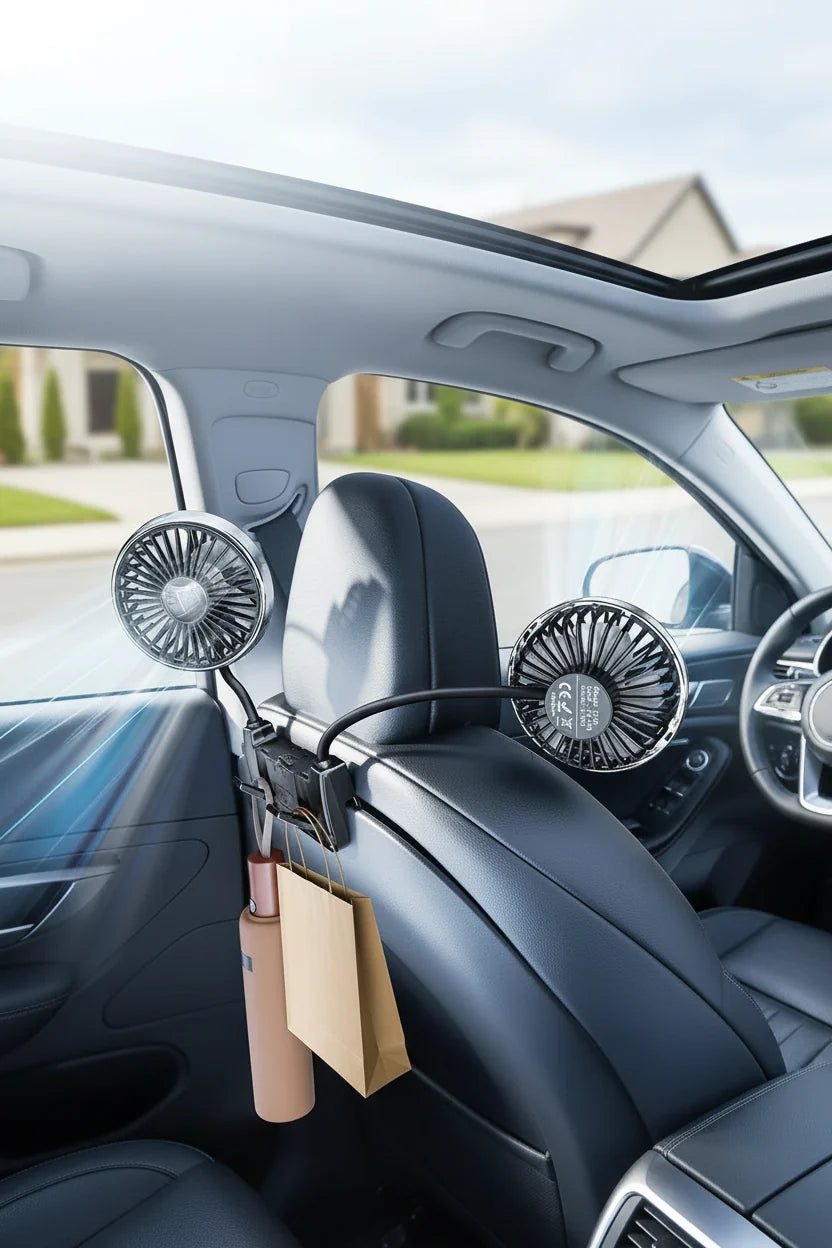 Comfort Breeze | Dual-Head Rear Seat Fan with 360° Rotation & USB-C Charging | Adjustable Airflow for Passenger Comfort
