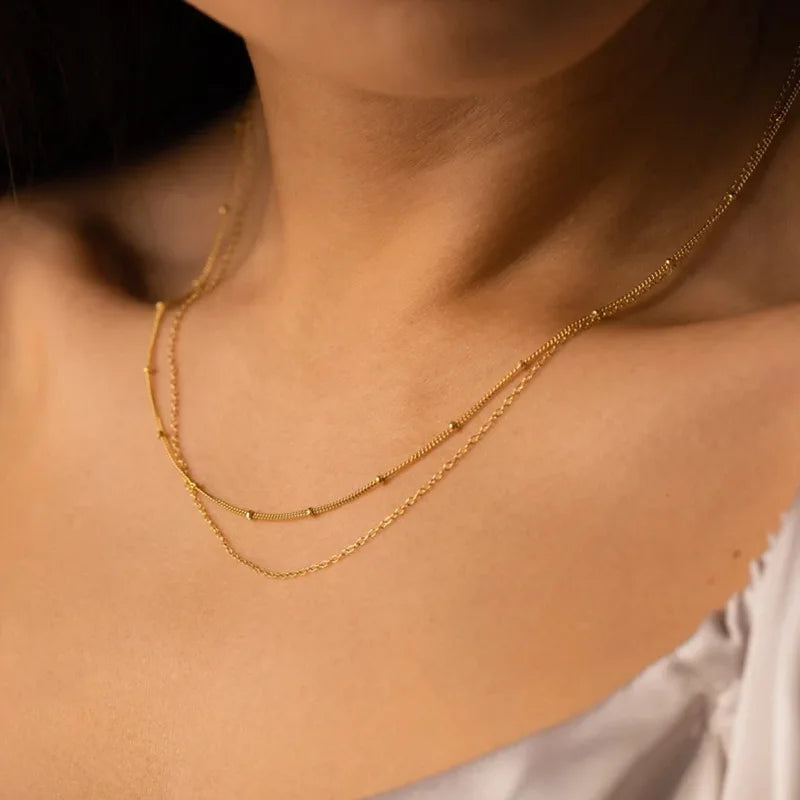 Dainty Gold Layered Bead Chain Necklace | Stainless Steel Star Pendant Jewelry