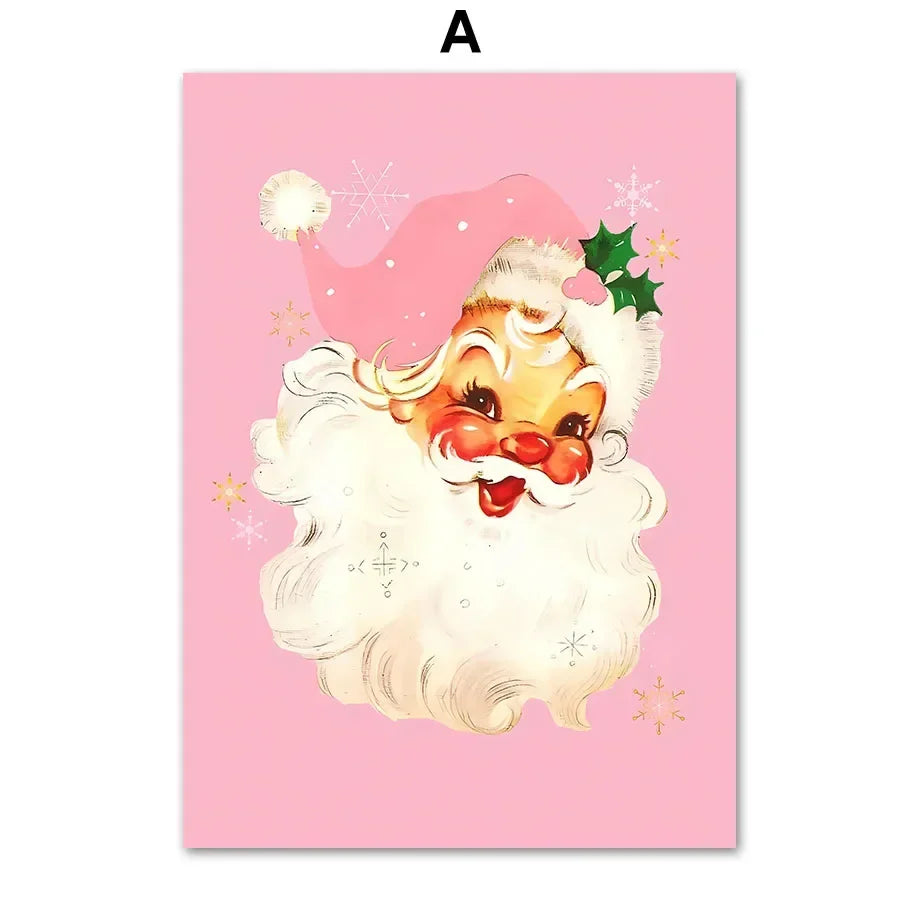 Arte de pared moderno y sencillo, árbol de Navidad rosa, Papá Noel, impresión en lienzo HD, póster, decoración para sala de estar, dormitorio