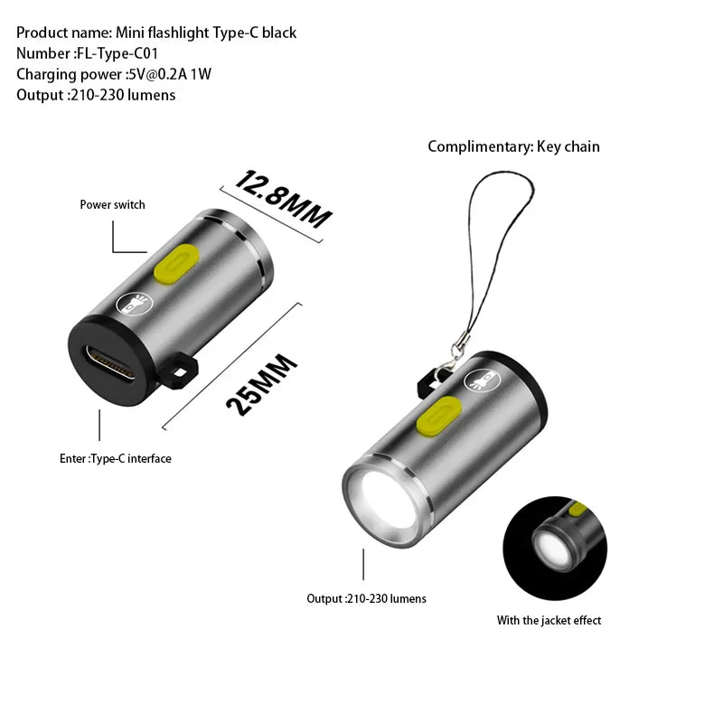 Mini Type-C LED Flashlight | Rechargeable Portable Keychain Light