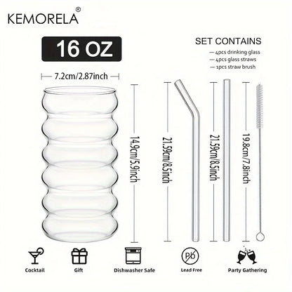500ML 1/2/4PCS Wave Shape Beverage Glasses With Straws Vintage Glass Cups Ripple Drinking Glasses for Wine Champagne Cocktail