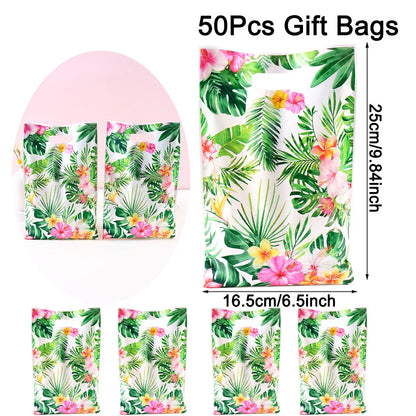 Tropical Hawaiian Party Tablecloth and Flamingo Decor Set | Plastic Table Runner and Candy Bags