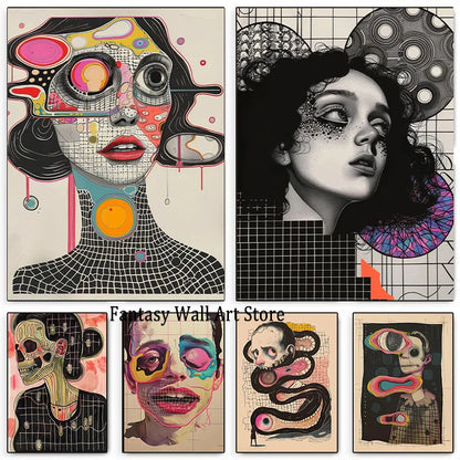 Tableau mural en toile « Grid Addiction » Art surréaliste Belle et unique impression de peinture Art mural abstrait moderne surréaliste Décoration murale en toile